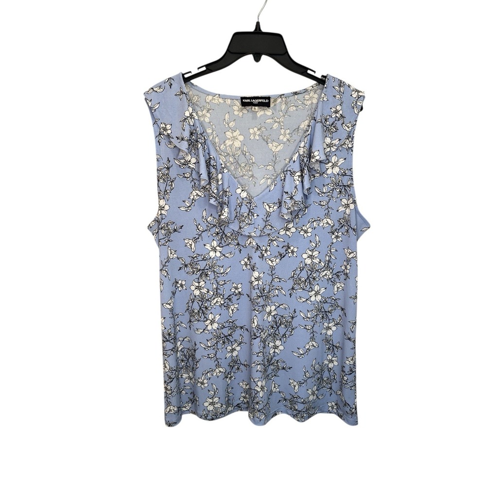 Karl Lagerfeld Paris Blue Floral Sleeveless Top Ruffle V-Neck Blouse Size XL‎